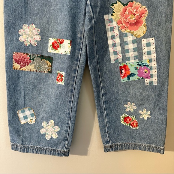 Sonoma Capri jeans, size 10 up cycled mixed media Boho, Handstitched OOAK love - Picture 2 of 10